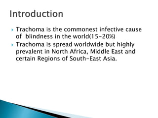  Trachoma is the commonest infective cause
of blindness in the world(15-20%)
 Trachoma is spread worldwide but highly
prevalent in North Africa, Middle East and
certain Regions of South-East Asia.
 