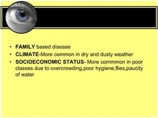 • FAMILY based disease
• CLIMATE-More common in dry and dusty weather
• SOCIOECONOMIC STATUS- More commmon in poor
classes due to overcrowding,poor hygiene,flies,paucity
of water
 