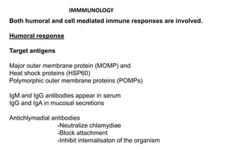 Both humoral and cell mediated immune responses are involved.
Humoral response
Target antigens
Major outer membrane protein (MOMP) and
Heat shock proteins (HSP60)
Polymorphic outer membrane proteins (POMPs)
IgM and IgG antibodies appear in serum
IgG and IgA in mucosal secretions
Antichlymadial antibodies
-Neutralize chlamydiae
-Block attachment
-Inhibit internalisaton of the organism
IMMMUNOLOGY
 