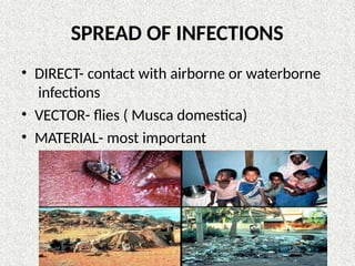 SPREAD OF INFECTIONS
• DIRECT- contact with airborne or waterborne
infections
• VECTOR- flies ( Musca domestica)
• MATERIAL- most important
 