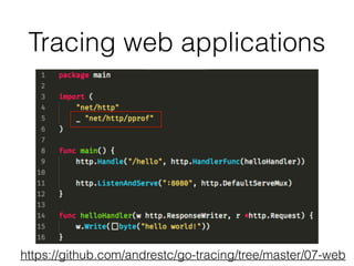 Tracing web applications
https://github.com/andrestc/go-tracing/tree/master/07-web
 