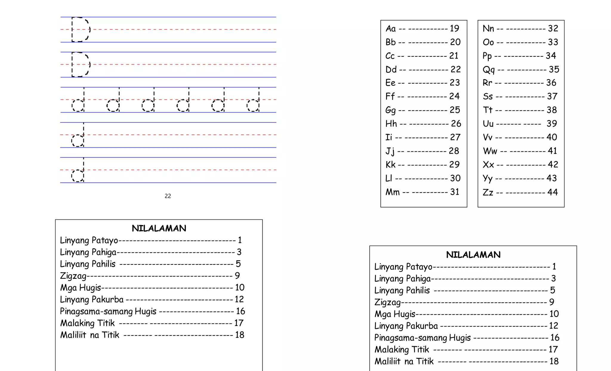 22
NILALAMAN
Linyang Patayo--------------------------------- 1
Linyang Pahiga--------------------------------- 3
Linyang Pahilis -------------------------------- 5
Zigzag----------------------------------------- 9
Mga Hugis------------------------------------- 10
Linyang Pakurba ------------------------------ 12
Pinagsama-samang Hugis --------------------- 16
Malaking Titik -------- ----------------------- 17
Maliliit na Titik -------- ---------------------- 18
Aa -- ----------- 19
Bb -- ----------- 20
Cc -- ----------- 21
Dd -- ----------- 22
Ee -- ----------- 23
Ff -- ----------- 24
Gg -- ----------- 25
Hh -- ----------- 26
Ii -- ------------ 27
Jj -- ----------- 28
Kk -- ----------- 29
Ll -- ------------ 30
Mm -- ---------- 31
Nn -- ----------- 32
Oo -- ----------- 33
Pp -- ----------- 34
Qq -- ----------- 35
Rr -- ----------- 36
Ss -- ----------- 37
Tt -- ----------- 38
Uu ------- ----- 39
Vv -- ----------- 40
Ww -- ---------- 41
Xx -- ----------- 42
Yy -- ----------- 43
Zz -- ----------- 44
NILALAMAN
Linyang Patayo--------------------------------- 1
Linyang Pahiga--------------------------------- 3
Linyang Pahilis -------------------------------- 5
Zigzag----------------------------------------- 9
Mga Hugis------------------------------------- 10
Linyang Pakurba ------------------------------ 12
Pinagsama-samang Hugis --------------------- 16
Malaking Titik -------- ----------------------- 17
Maliliit na Titik -------- ---------------------- 18
 