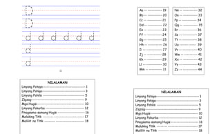 22
NILALAMAN
Linyang Patayo--------------------------------- 1
Linyang Pahiga--------------------------------- 3
Linyang Pahilis -------------------------------- 5
Zigzag----------------------------------------- 9
Mga Hugis------------------------------------- 10
Linyang Pakurba ------------------------------ 12
Pinagsama-samang Hugis --------------------- 16
Malaking Titik -------- ----------------------- 17
Maliliit na Titik -------- ---------------------- 18
Aa -- ----------- 19
Bb -- ----------- 20
Cc -- ----------- 21
Dd -- ----------- 22
Ee -- ----------- 23
Ff -- ----------- 24
Gg -- ----------- 25
Hh -- ----------- 26
Ii -- ------------ 27
Jj -- ----------- 28
Kk -- ----------- 29
Ll -- ------------ 30
Mm -- ---------- 31
Nn -- ----------- 32
Oo -- ----------- 33
Pp -- ----------- 34
Qq -- ----------- 35
Rr -- ----------- 36
Ss -- ----------- 37
Tt -- ----------- 38
Uu ------- ----- 39
Vv -- ----------- 40
Ww -- ---------- 41
Xx -- ----------- 42
Yy -- ----------- 43
Zz -- ----------- 44
NILALAMAN
Linyang Patayo--------------------------------- 1
Linyang Pahiga--------------------------------- 3
Linyang Pahilis -------------------------------- 5
Zigzag----------------------------------------- 9
Mga Hugis------------------------------------- 10
Linyang Pakurba ------------------------------ 12
Pinagsama-samang Hugis --------------------- 16
Malaking Titik -------- ----------------------- 17
Maliliit na Titik -------- ---------------------- 18
 