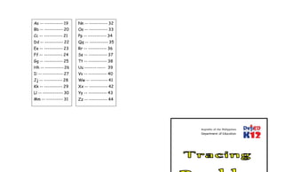 Aa -- ----------- 19
Bb -- ----------- 20
Cc -- ----------- 21
Dd -- ----------- 22
Ee -- ----------- 23
Ff -- ----------- 24
Gg -- ----------- 25
Hh -- ----------- 26
Ii -- ------------ 27
Jj -- ----------- 28
Kk -- ----------- 29
Ll -- ------------ 30
Mm -- ---------- 31
Nn -- ----------- 32
Oo -- ----------- 33
Pp -- ----------- 34
Qq -- ----------- 35
Rr -- ----------- 36
Ss -- ----------- 37
Tt -- ----------- 38
Uu ------- ----- 39
Vv -- ----------- 40
Ww -- ---------- 41
Xx -- ----------- 42
Yy -- ----------- 43
Zz -- ----------- 44
Republic of the Philippines
Department of Education
 