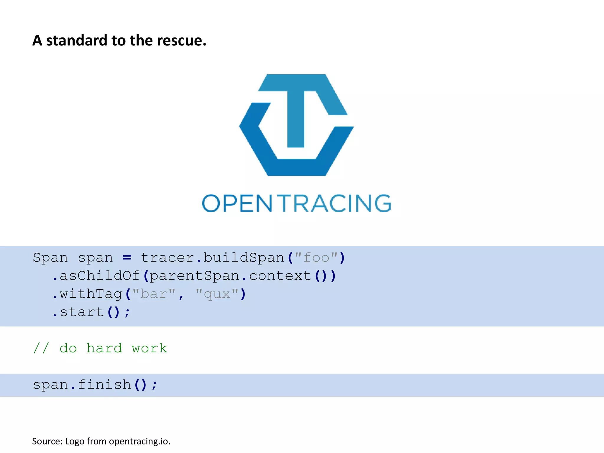 A standard to the rescue.
Source: Logo from opentracing.io.
Span span = tracer.buildSpan("foo")
.asChildOf(parentSpan.context())
.withTag("bar", "qux")
.start();
// do hard work
span.finish();
 
