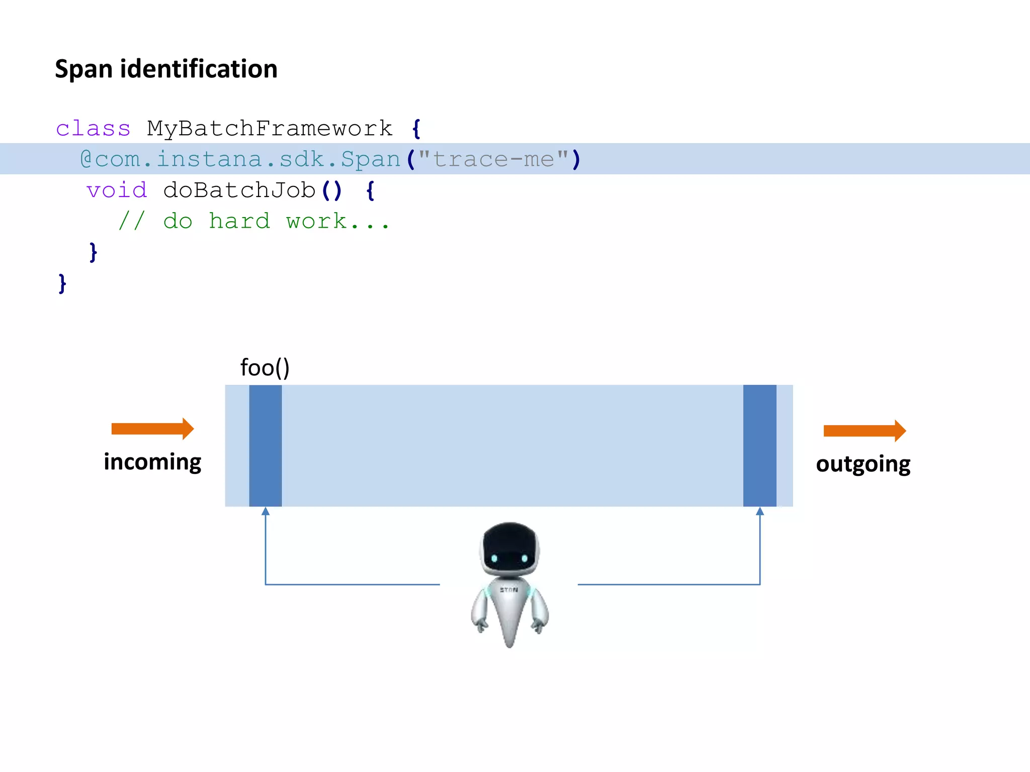 Span identification
incoming outgoing
class MyBatchFramework {
void doBatchJob() {
// do hard work...
}
}
@com.instana.sdk.Span("trace-me")
foo()
 