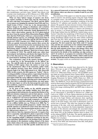 2          N. Flagey et al.: Tracing the Energetics and Evolution of Dust with Spitzer: a Chapter in the History of the Eagle Nebula

2009; Carey et al. 2009) display overall a wide variety of com-         fer a general framework to interpret observations of larger
plex morphologies, and show many “bubble”-like objects with             HII regions, where one observes a similar 8 and 24 µm color
a similar color stratiﬁcation as M16 (Watson et al. 2008, 2009),        stratiﬁcation.
although they are smaller and driven by one or a few OB stars.              The motivation of this paper is to study the nature of mid-IR
    What are these Spitzer images of massive star form-                 shells in massive star forming regions using the Eagle Nebula
ing regions teaching us about dust and the interaction of               as a template source. The detailed data available on this nearby
the stars with their environment? The IRAC and the MIPS                 nebula allow us to perform a quantitative modeling of the dust
24µm camera are imaging the emission from PAHs and Very                 heating by UV radiation and, possibly, by collisions in a hot
Small Grains (VSGs). A ﬁrst key to the interpretation of                plasma. We quantify the dust emission in terms of dust physics,
Spitzer images is the change in abundance and excitation                before discussing possible interpretations within an evolution-
of these small dust particles from molecular to ionized gas.            ary scenario of the Eagle Nebula as a massive star forming re-
Observations of nearby molecular clouds illuminated by O                gion. In section 2, we present the Spitzer imaging observations
stars, where observations separate the H II photo-ionized               of the Eagle Nebula from the MIPSGAL Galactic plane survey.
gas layer from the neutral Photo-Dissociation Region (PDR)              Section 3 describes the morphology of M16 based on IR photo-
show that the PAH bands, which are a characteristic of PDR              metric and spectroscopic observations. We measure the spectral
mid-IR emission spectra, are strikingly absent from that of             energy distribution (SEDs) across the entire nebula combining
the H II layer (e.g the Orion Bar and the M17SW interface,              data from the ISO, MSX and Spitzer space missions. In sec-
Giard et al. 1994; Cesarsky et al. 1996b; Povich et al. 2007).          tions 4 and 5, we present exhaustive modeling of the dust
PAHs are quickly destroyed when matters ﬂows across the                 properties. We ﬁrst model the dust SEDs with UV heating
ionization front. Several destruction mechanisms have been              only, and this sets constraints on the radiation ﬁeld intensity
proposed: chemisputtering by protons and photo-thermo                   and dust size distribution. Then we consider the possibility
dissociation and/or Coulomb explosion associated with ab-               that the shell emission arises from a hot plasma where dust
sorption of high energy photons. Much less is known about               would be heated by collisions with electrons. The reader not
the evolution of VSGs. The mid-IR shells may reﬂect dust                interested in the details of the modeling can skip sections 4
processing by hard photons and shocks that impact the frac-             and 5. In section 6, we propose two scenarios of the present
tion of the dust mass in VSGs, but this possibility has yet to          evolutionary state of the Eagle Nebula, which could account
be constrained by modeling of the dust emission.                        for the mid-IR shell and ﬁt within present observational con-
    The evolutionary stage of the massive forming regions               straints. The paper results are summarized in section 7.
is a second key to the interpretation of the Spitzer im-
ages. The mid-IR shells do not ﬁt the classical view of the
evolution of HII regions where the matter is swept away                 2. Observations
by the simultaneous eﬀect of the ionization, stellar winds,             The Eagle Nebula has recently been observed by the Spitzer
and radiation pressure from their central OB stars (e.g.                Space Telescope as part of the GLIMPSE (program #00146,
Tenorio-Tagle et al. 1982; Beltrametti et al. 1982; Rozyczka            Benjamin et al. 2003) and MIPSGAL (program #205976,
1985). In this scenario, the HII regions are “hollow”. One in-          Carey et al. 2009) inner Galaxy surveys. The GLIMPSE survey
teresting possibility is that gas photo-evaporating from dense          has made use of the Infrared Array Camera (IRAC, Fazio et al.
condensations exposed to ionized radiation, creates a gas               2004), while MIPSGAL has been realized with the Multiband
mass input within the cavity suﬃcient to balance the outward            Imaging Photometer for Spitzer (MIPS, Rieke et al. 2004). In
ﬂow of matter. Are the shells reﬂecting such a mass input? To           both cases we have used their enhanced products (Squires et al.
show that this is a plausible interpretation, one must quan-            2005). The MIPSGAL 24 µm data has been complemented with
tify the mass input, as well as the dust properties and excita-         archival observations (Spitzer program #20726) and reprocessed
tion conditions, required to match the shells brightness and            using the standard Spitzer Post-Basic Calibrated Data tools1 . A
its distinct mid-IR colors.                                             three-color image combining IRAC and MIPS data is shown on
    So far most of the studies on the mid-IR properties                 ﬁgure 1.
of these HII regions and smaller bubbles have been phe-                     Most of the data processing performed on the MIPSGAL
nomenological and looking into the spatial distribution of the          24 µm observations is described in Mizuno et al. (2008) and
diﬀerent emission components and not their physics. A small             Carey et al. (2009). At 70 µm, Spitzer detectors are Ge:Ga pho-
bubble where a more quantitative analyis has been carried               toconductors. When observing bright, structured emission, like
out is G28.82-0.23 (Everett & Churchwell 2010). G28.82-                 the one in the Eagle Nebula, such detectors show signiﬁcant
0.23 (aka N49) is nearly spherically symmetric, excited by a            variations in responsivity, which manifest themselves as visible
single O5V star, which has a thick 8 µm shell surrounding at            stripes in the ﬁnal images, and result in photometric errors of
24 µm a diﬀuse bubble (see e.g. Watson et al. 2008, Fig. 7).            several tens of percent. This eﬀect has required an oﬄine re-
Everett & Churchwell (2010) proposed a model where the                  processing of the data, with tools speciﬁcally designed to, at
mid-IR emission of G28.82-0.23 arises from dust entrained               the same time, reconstruct the history-dependent responsivity
by the stellar wind. This interpretation involves a hot (> 106          variations of the detectors and mitigate the associated stripes.
K), high pressure plama (p/k ∼ 109 K.cm−3 ) where dust life-            The photometric uncertainty of extended emission is lowered
time is shorter than the expansion timescale. It requires that          from about 50% on the brightest features down to about 15%
dust is constantly replenished by photo-evaporation of high             on the enhanced MIPS 70 µm data. The speciﬁc pipeline devel-
density (105 cm−3 ) dusty gas cloudlets that have been overrun          oped for the MIPSGAL 70 µm observations will be detailed in
by the expanding nebula. Collisional excitation by hot elec-            Paladini et al. (in prep.).
trons contribute signiﬁcantly to the heating of dust. Infrared              We complete the Spitzer observations of M16 with previous
dust emission is the dominant cooling channel of the dusty              IR survey from MSX and observations from ISO, both photo-
wind, which reduces the energy available for wind-driven ex-
                                                                          1
pansion. It seems to us that this speciﬁc model does not of-                  http://ssc.spitzer.caltech.edu/postbcd/
 