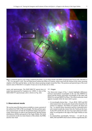 N. Flagey et al.: Tracing the Energetics and Evolution of Dust with Spitzer: a Chapter in the History of the Eagle Nebula    3




Fig. 1. Composite Spitzer color image combining the IRAC 5.8 µm (blue) bands with MIPS 24 (green) and 70 µm (red). The FOV is
∼ 30′ , N is up and E is left. The two black boxes outline the Pillars of Creation, which raise from the bottom to the center, pointing
slightly to the West and the Spire, on the East, almost pointing straight toward the West. The position and spectral type of the most
massive stars of NGC6611 is overplot: O stars are in red, B stars are in white.


metric and spectroscopic. The ISOCAM/CVF spectra have al-               3.1. Images
ready been presented by Urquhart et al. (2003). A slice of the
ISOCAM/CVF spectroscopic cube is shown on Fig. 2(d).                    The three-color image of Fig. 1 clearly highlights diﬀerences
                                                                        between intermediate wavelengths on the one side (MIPS24 in
                                                                        green) and the shorter and longer wavelengths on the other side
                                                                        (IRAC8 in red and MIPS70 in blue). The whole molecular cloud
                                                                        appears in purple while the inner shell is green.

                                                                          – At wavelengths shorter than ∼ 10 µm, IRAC, MSX and ISO
3. Observational results                                                    observations show the molecular cloud surface heated by the
                                                                            cluster UV radiation. The Pillars of Creation, the Spire (see
We use the many IR observations available to create a portrait of           Fig. 1 to identify these structures) and less contrasted emis-
the nebula from NIR to FIR wavelengths. We then perform aper-               sion extend towards the cluster from the North and the East.
ture measurements on both the broad band images and spectro-                To the NW and the SE, the rim of an outer shell can be iden-
scopic observations in order to get characteristic spectral energy          tiﬁed. It corresponds to the edge of the Eagle Nebula as seen
distributions (SEDs) and spectra of the Eagle Nebula. We focus              in Hα.
our comments on the two main features of the nebula: the PDRs             – At intermediate wavelengths, between ∼ 12 and 24 µm,
and the inner shell.                                                        MSX, ISO and MIPS observations exhibit a signiﬁcantly dis-
 