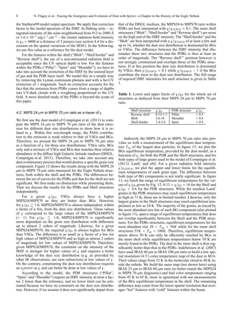 8           N. Flagey et al.: Tracing the Energetics and Evolution of Dust with Spitzer: a Chapter in the History of the Eagle Nebula

the Starburst99 model output spectrum. We apply that correction          that of the DHGL medium, the MIPS24 to MIPS70 ratio within
factor to the model spectrum of the ISRF. In Habing units – in-          PDRs are best interpreted with χ/χIS RF,0 ≃ 0.1. The inner shell
tegrated intensity of the solar neighborhood from 912 to 2000 Å          structures (“Blob”, “Shell border” and “Reverse shell”) are more
or 1.6 × 10−3 erg.s−1.cm−2 – the cluster radiation ﬁeld intensity        on the high end of the ISRF intensity. The “Shell border” and the
is χ0 ≃ 4800 at a distance of 3 parsecs (see section 4.4 for a dis-      “Blob” are best interpreted with a χ/χIS RF,0 of at least a few and
cussion on the spatial variations of the IRSF). In the following,        up to 16, whether the dust size distribution is dominated by BGs
we use this value as a reference for the dust model.                     or VSGs. The diﬀerence between the ISRF intensity that illu-
    For the features within the shell (“Blob”, “Shell border” and        minates these two structures and the PDRs is thus at least an
“Reverse shell”), the use of a non-attenuated radiation ﬁeld is          order of magnitude. The “Reverse shell”’ position however is
acceptable since the UV optical depth is low. For the features           not strongly constrained and overlaps those of the PDRs struc-
within the PDRs (“Pillar”, “Spire” and “Shoulder”), we have to           tures. If at this position the dust size distribution is dominated
take into account the extinction of the ISRF by the ionized layer        by VSGs, then χ/χIS RF,0 ≃ 0.1 while χ/χIS RF,0 ∼ 1 if the BGs
of gas and the PDR layer itself. We model this in a simple way           contribute the most to the dust size distribution. The full range
by removing the Lyman continuum photons and with a far-UV                of required ISRF intensities for each structure is given in Table
extinction of 1 magnitude. Such an extinction accounts for the           1.
fact that the emission from PDRs comes from a range of depths
into UV-dark clouds with a weighting proportional to the UV              Table 1. Lower and upper limits of χ/χ0 for the whole set of
ﬁeld. A more detailed study of the PDRs is beyond the scope of           structures as deduced from their MIPS 24 µm to MIPS 70 µm
this paper.                                                              ratio.

                                                                                   Shell structure   χ/χ0       PDR structure     χ/χ0
4.2. MIPS 24 µm to MIPS 70 µm ratio as a tracer of χ                               Reverse shell     0.13-1.3   Pillar            < 0.3
                                                                                   Blob              5.6-16     Shoulder          < 0.6
We ﬁrst use the dust model of Compi` gne et al. (2011) to com-
                                       e                                           Shell border      1.4-5.4    Spire             < 0.4
pute the MIPS 24 µm to MIPS 70 µm ratio of the dust emis-
sion for diﬀerent dust size distributions to show how it is re-
lated to χ. Within this wavelength range, the PAHs contribu-
tion to the emission is weak relative to that of VSGs and BGs.                Indirectly the MIPS 24 µm to MIPS 70 µm ratio also pro-
Therefore, we present the MIPS 24 µm to MIPS 70 µm ratio                 vides us with a measurement of the equilibrium dust tempera-
as a function of χ for three size distributions: VSGs only, BGs          ture T eq of the largest dust particles. In ﬁgure 13, we plot the
only and a mixture of VSGs and BGs that matches their relative           BGs equilibrium temperature, provided by the dust model, as a
abundance in the diﬀuse high Galactic latitude medium (DHGL,             function of χ, for both the PDR and the Shell structures, and for
Compi` gne et al. 2011). Therefore, we take into account any
       e                                                                 both types of large grains used in the model of Compi` gne et al.
                                                                                                                                 e
dust evolutionary process that would destroy a speciﬁc grain size        (2011): LamC and aSil. For a given radiation ﬁeld intensity
component. Figure 12 shows the results along with the MIPS 24            χ/χIS RF,0 , we plot the upper and lower limits for the equilib-
µm to MIPS 70 µm ratio measured for the Eagle Nebula struc-              rium temperatures of each grain type. The diﬀerence between
tures, both within the shell and the PDRs. The diﬀerences be-            both type of BG components is not really signiﬁcant. In ﬁgure
tween the set of curves for the PDRs and that for the shell are not      13, we hatch the range of equilibrium temperatures for the val-
signiﬁcant. We ﬁrst make no distinction while presenting them.           ues of χ/χ0 given by Fig. 12: 0.13 < χ/χ0 < 16 for the Shell and
Then we discuss the results for the PDRs and Shell structures            χ/χ0 < 0.6 for the PDR structures. While the smallest LamC
independently.                                                           grains in the PDR structures may reach equilibrium temperature
    For a given χ/χ0 , VSGs always have a higher                         as high as 71 K, those are in limited number. Likewise, only the
MIPS24/MIPS70 as they are hotter than BGs. However,                      largest grains in the Shell structures may reach equilibrium tem-
for χ/χ0 1.0, MIPS24/MIPS70 is almost independent, within                perature as low as 24 K. The majority of the grains, as traced by
a factor of a few, from the dust size distribution. These values         the most abundant size bin of each BG component (also plotted
of χ correspond to the large values of the MIPS24/MIPS70                 in ﬁgure 13), span a range of equilibrium temperatures that does
(> 1). For χ/χ0           1.0, MIPS24/MIPS70 is signiﬁcantly             not overlap signiﬁcantly between the Shell and the PDR struc-
more dependent on the grain size distribution with diﬀerence             tures. For the PDRs structures, equilibrium temperatures for the
up to almost 2 orders of magnitude. Likewise, for a given                most abundant size 20 < T eq < 50K while for the inner shell
MIPS24/MIPS70, the required χ/χ0 is always higher for BGs                structures 35K < T eq < 100K. Therefore, equilibrium temper-
than VSGs. The diﬀerence is as small as a factor of a few for            atures above 50 K can only be eﬃciently reached by BGs in
high values of MIPS24/MIPS70 and as high as almost 2 orders              the inner shell while equilibrium temperatures below 50 K are
of magnitude for low values of MIPS24/MIPS70. Therefore,                 mostly found in the PDRs. The dust in the inner shell is thus sig-
given MIPS24/MIPS70, the constraint on the intensity of the              niﬁcantly hotter than that in the PDRs. Indebetouw et al. (2007)
IRSF is stronger for higher values of χ and requires a better            have used IRAS 60 µm to IRAS 100 µm ratio to build a low spa-
knowledge of the dust size distribution (e.g. as provided by             tial resolution (4.3′ ) color temperature map of the dust in M16.
other IR observations, see next subsection) at low values of χ.          Their values range from 32 K in the molecular cloud to 40 K in-
On the contrary, constraining the dust size distribution requires        side the nebula. We build the same map (not shown here) using
an a priori on χ and can better be done at low values of χ.              IRAS 25 µm to IRAS 60 µm ratio (to better match the MIPS24
    According to the model, the PDR structures (“Pillar”,                to MIPS 70 µm diagnostic) and ﬁnd color temperature ranging
“Spire” and “Shoulder”) require an ISRF intensity at most a fac-         from 45 K to 65 K, more in agreement with our measurements
tor 2 lower than the reference, and no lower limit can be esti-          of the BGs equilibrium temperature in the shell. The remaining
mated because we have no constraint on the dust size distribu-           diﬀerence may come from the lower spatial resolution that aver-
tion. However, if we assume it does not signiﬁcantly depart from         ages “hot” features with “cold” features within the beam.
 