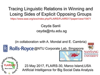 Tracing Linguistic Relations in Winning and
Losing Sides of Explicit Opposing Groups
Ceyda Sanli
ceyda@ntu.edu.sg
23 May 2017, FLAIRS-30, Marco Island,USA
Artificial Intelligence for Big Social Data Analysis
(in collaboration with A. Mondal and E. Cambria)
@NTU Corporate Lab, Singapore
https://www.aaai.org/ocs/index.php/FLAIRS/FLAIRS17/paper/view/15471
 