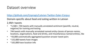 Dataset overview
https://github.com/Usprogis/Latvian-Twitter-Eater-Corpus
Domain-specific about food and eating written in Latvian
2.4M+ tweets
• ~5,500 + 744 tweets with manually annotated sentiment (positife, neutral,
negative) for training and testing
• 744 tweets with manually annotated named entity classes of person names,
locations, organizations, food and drinks, and miscellaneous named entities, like
• ~43,000 automatically aggregated question-answer tweet pairs
• ~155,000 tweets have images
• ~165,000 have location info
 