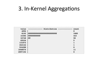 3. 
In-­‐Kernel 
Aggrega?ons 
value ------------- Distribution ------------- count! 
4096 | 0! 
8192 |@@@@@@@@@@@@@@@@@@@@@@@@@@ 1085! 
16384 |@@@@@@@@@@@ 443! 
32768 |@@ 98! 
65536 | 5! 
131072 | 1! 
262144 | 1! 
524288 | 0! 
1048576 | 11! 
2097152 | 0! 
 