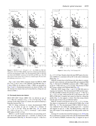 Galactic spiral structure 4153
Figure 3. 2MASS J × (J − H) and J × (J − Ks) CMDs for FSR 665.
Top panels: observed CMDs. Middle: equal area comparison ﬁeld. Bottom:
ﬁeld-star decontaminated CMDs. The decontaminated CMD of FSR 665
was ﬁtted with PARSEC isochrones for both MS and PMS stars. The CM
ﬁlter used to isolate cluster stars is shown as a shaded region. We also show
the reddening vector for AV = 0–5.
Figs 1 and 2 show WISE composite images for BDS 61, BDS
65, C 441, C 442, C 443, C 444, FSR 665, and FSR 666. Figs 3–
9 show CMDs for all objects in Table 1. RDPs are presented in
Figs 10 and 11. Fundamental parameters are shown in Table 2 and
the structure for clusters that can be described by a King law are
shown in Table 3.
3.1 Previously known star clusters
IRAS 0207+6047 Cluster (BDB 116): we derived an age of
2 ± 1 Myr for a distance of d = 2.8 ± 0.4 kpc (Fig. 9). The
structure of this object points to a cluster, but cannot be ﬁtted by a
King-like function (Fig. 11).
SAI 23: ﬁtting isochrones to cluster decontaminated CMD
(Fig. 6), we derive an age of ∼4 Myr for a distance of
d = 2.8 ± 0.4 kpc. From the RDP (Fig. 10), we found
Rc = 0.85 ± 0.1 pc, σ0K = 25.2 ± 3.6 stars pc−2
, and a cluster
RDP radius of 10.01 ± 2.3 pc.
BDS 61: is an EC located in the Perseus arm presenting an O-
type star in the central region (R < 1 arcmin), as shown by the
decontaminated CMD (Fig. 8). We derive an age of ∼1 Myr for a
Figure 4. Same as Fig. 3 for Camargo 442.
d = 2.7 ± 0.3 kpc. Despite a dip in the inner RDP region, the struc-
ture of BDS 61 is consistent with an EC in the early evolutionary
phase (Fig. 11).
FSR 665: located close to the Perseus arm, this object is a promi-
nent EC with a relatively well-developed MS and a populous PMS
(Fig. 3). The best ﬁt of PARSEC isochrones (MS + PMS) suggest
an age of ∼4 Myr and a d = 2.9 ± 0.3 kpc. The presence of other
ECs creates a bump in the FSR 665 RDP (Fig. 10).
FSR 666: WISE images (Figs 1 and 2) of FSR 666 point to
ongoing star formation. The decontaminated CMD and the respec-
tive MS and PMS isochrone ﬁts provide an age of ∼1 Myr for a
d = 2.8 ± 0.7 kpc, which put this EC in the Perseus arm. The
RDP of FSR 666 is irregular and cannot be ﬁtted by a King-like
proﬁle (Fig. 11), but suggests a cluster. Note that young clusters
lack the span of time to be an isothermal sphere.
BDS 65: located in the Perseus arm at a d = 2.5 ± 0.4 kpc.
The object is a prominent EC, as indicated by CMDs (Fig. 8) and
RDP (Fig. 11). The decontaminated CMD of BDS 65 shows a
very reddened O star within the central region (R < 1 arcmin)
and suggests an age of ∼1 Myr. The RDP presents a high con-
trast with respect to the background, but King proﬁle cannot be
ﬁtted.
Camargo 63: recently discovered by Camargo et al. (2015a) this
EC is conﬁrmed as a cluster in this work. The decontaminated CMD
of C 63 ﬁtted by PARSEC isochrones (Fig. 6) suggests an age of
MNRAS 450, 4150–4160 (2015)
byguestonJune4,2015http://mnras.oxfordjournals.org/Downloadedfrom
 