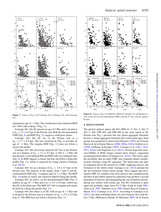 Galactic spiral structure 4155
Figure 7. Same as Fig. 6 for Camargo 444, Camargo 445, and Camargo
441.
estimated an age of ∼1 Myr. The overdensity in the outermost RDP
of C 440 is due to King 7 (Fig. 11).
Camargo 441: this EC present an age of 1 Myr and is located at
a d = 2.5 ± 0.5 kpc in the Perseus arm. Both the decontaminated
CMD (Fig. 8) and RDP (Fig. 11) suggest a small poor cluster.
Camargo 442: this EC lies in the Perseus arm at a
d = 2.7 ± 0.4 kpc. The best isochrone ﬁt (Fig. 4) provides an
age of ∼1 Myr. The irregular RDP (Fig. 11) does not follow a
cluster-like proﬁle.
Camargo 443: this previously unknown EC lies in the Perseus
arm at a distance of d = 3.1 ± 0.7 kpc. C 443 is ∼3 Myr old
and presents a well-deﬁned MS and PMS with very reddened stars
(Fig. 9). Its RDP suggests a cluster, but does not follow a King-like
proﬁle (Fig. 11), which is expected for young clusters (Camargo
et al. 2015a).
Camargo 444: lies at a distance of d = 3.0 ± 0.7 kpc in the
Perseus arm. The analysis of the images (Figs 1 and 2) and de-
contaminated CMD (Fig. 7) suggests ages of ∼1–2 Myr. The RDP
(Fig. 10) points to cluster, but cannot be ﬁtted by King-like proﬁle.
Camargo 445: we derive via the decontaminated CMD (Fig. 7)
analysis an age of ∼1 Myr and a d = 6.3 ± 0.9 kpc, which sets
this EC in the Outer arm. The RDP of C 445 is irregular and cannot
be ﬁtted by a King-like proﬁle (Fig. 11).
Camargo 446: this object is an EC with an age of ∼1 Myr and
is located in the Perseus arm at a distance of d = 2.9 ± 0.4 kpc
(Fig. 9). The RDP does not follow a King law (Fig. 11).
Figure 8. Same as Fig. 6 for BDS 61, BDS 65, Dolidze 25, and Bochum 2.
The circles on the decontaminated CMDs indicate O stars and the squares
B stars.
4 DISCUSSION
The present analysis places the ECs BDS 61, C 441, C 442, C
443, C 444, FSR 665, and FSR 666 in the same region in the
Perseus arm. Fig. 1 presents this star cluster aggregate (hereafter
Perseus 1 cluster aggregate) formed by ECs with similar ages. Such
groups were predicted or observed by Efremov (1995), de la Fuente
Marcos & de la Fuente Marcos (2008, 2009a, 2010), Guillout et al.
(1998), Fellhauer & Kroupa (2005), Camargo et al. (2011, 2012,
2013, 2015a) and Feigelson et al. (2011). Several large dust emis-
sion bubbles in WISE images connect these clusters, suggesting
second generation effects (Camargo et al. 2015a). This leaves open
the possibility that an entire GMC may fragment almost simulta-
neously forming a large EC aggregate. The spiral arms may play
an important role in the erosion of a GMC triggering massive star
formation in the whole cloud. Camargo et al. (2012) pointed out
the star formation within cluster groups. They suggest that an ir-
regular GMC (or complex) may form massive stars simultaneously
and their winds and/or supernova explosions may produce a second
generation of massive stars propagating the star formation and pro-
ducing star clusters with similar age. The ECs formation is quite
rapid and probably range from 0.5–5 Myr (Lada & Lada 2003;
Allen et al. 2007; Tamburro et al. 2009; Santos-Silva & Gregorio-
Hetem 2012; Camargo et al. 2013). According to Camargo et al.
(2013), the deep embedded phase for most Galactic ECs ends be-
fore 3 Myr (Ballesteros-Paredes & Hartmann 2007; de la Fuente
MNRAS 450, 4150–4160 (2015)
byguestonJune4,2015http://mnras.oxfordjournals.org/Downloadedfrom
 