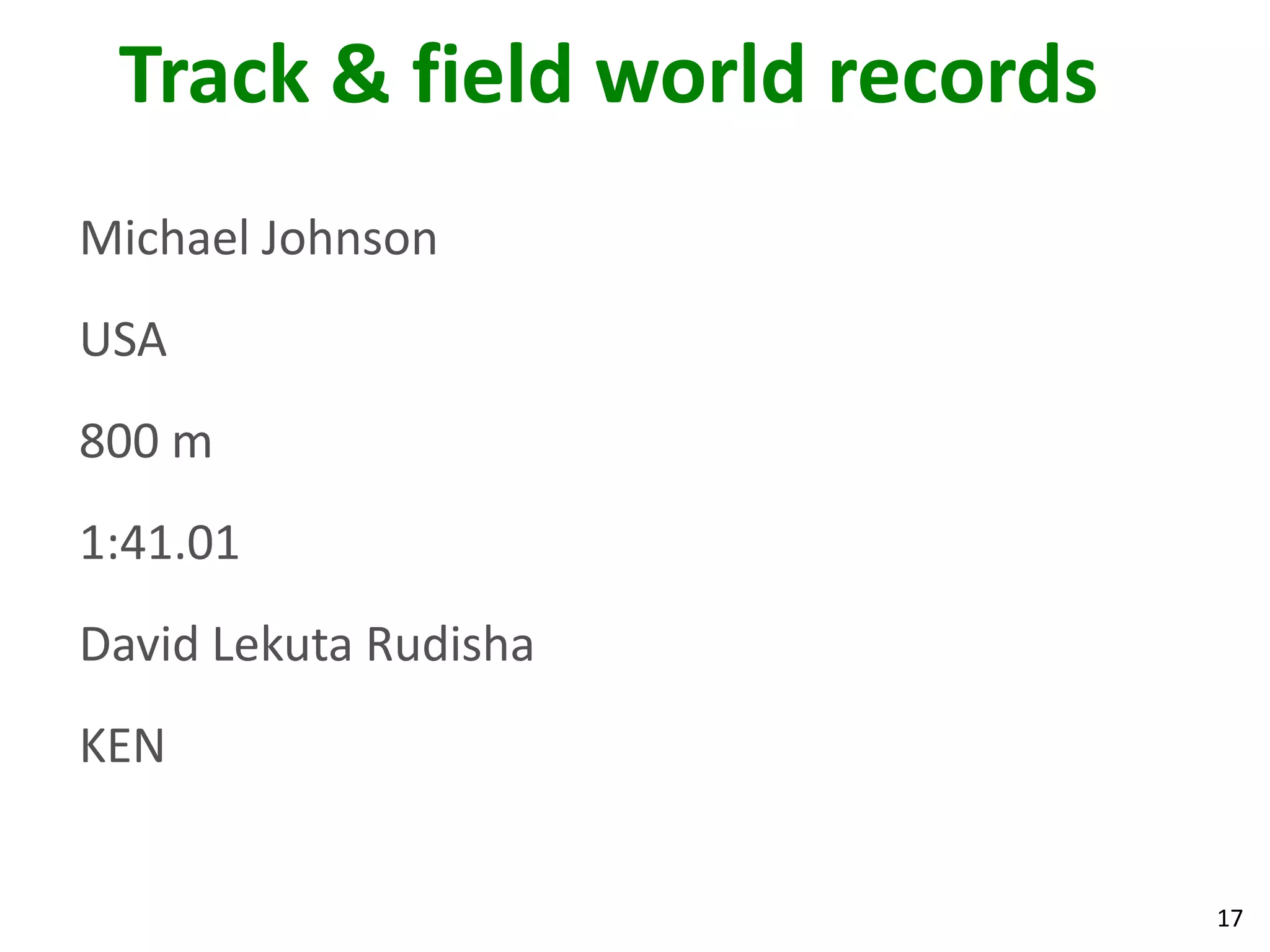 17
Track & field world records
Michael Johnson
USA
800 m
1:41.01
David Lekuta Rudisha
KEN
 
