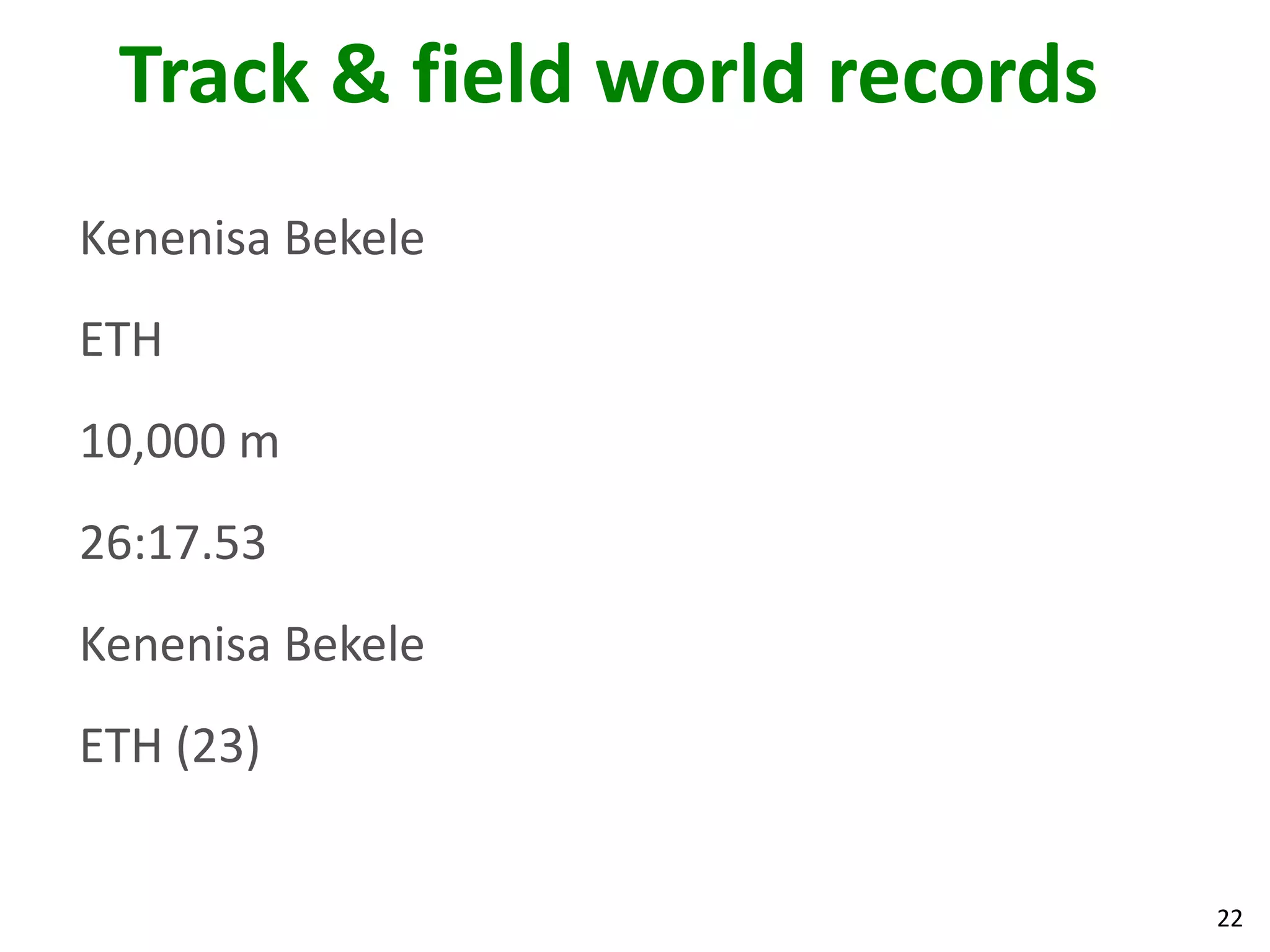 22
Track & field world records
Kenenisa Bekele
ETH
10,000 m
26:17.53
Kenenisa Bekele
ETH (23)
 