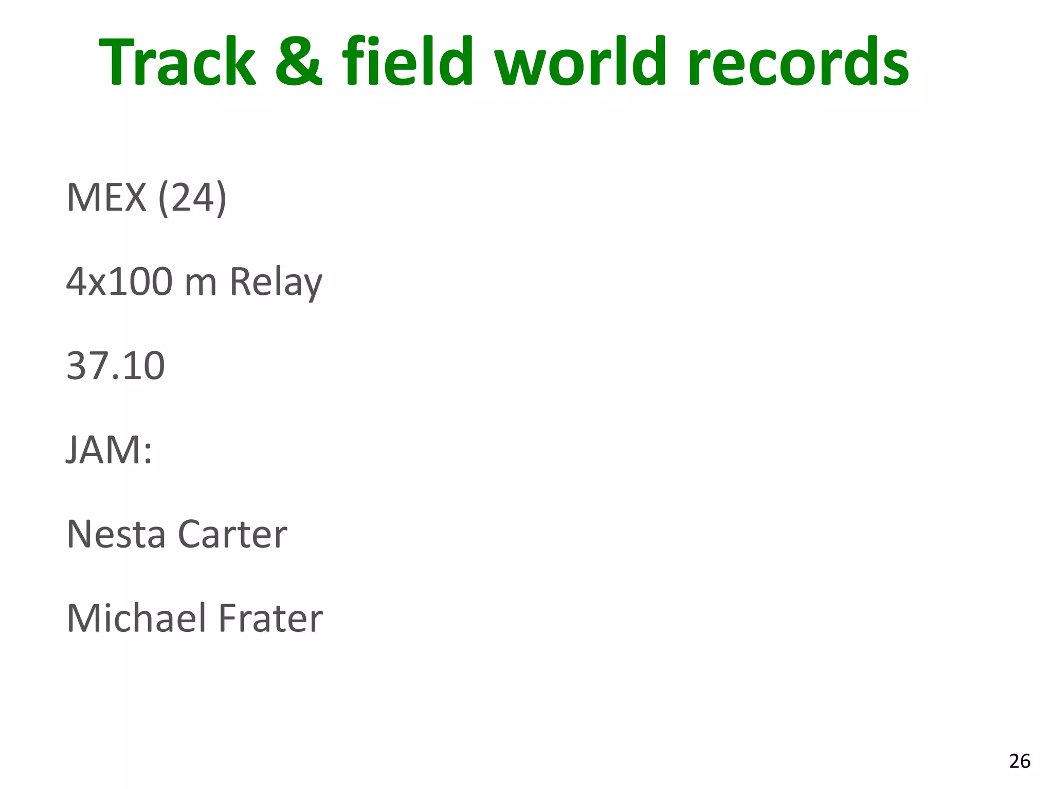 26
Track & field world records
MEX (24)
4x100 m Relay
37.10
JAM:
Nesta Carter
Michael Frater
 