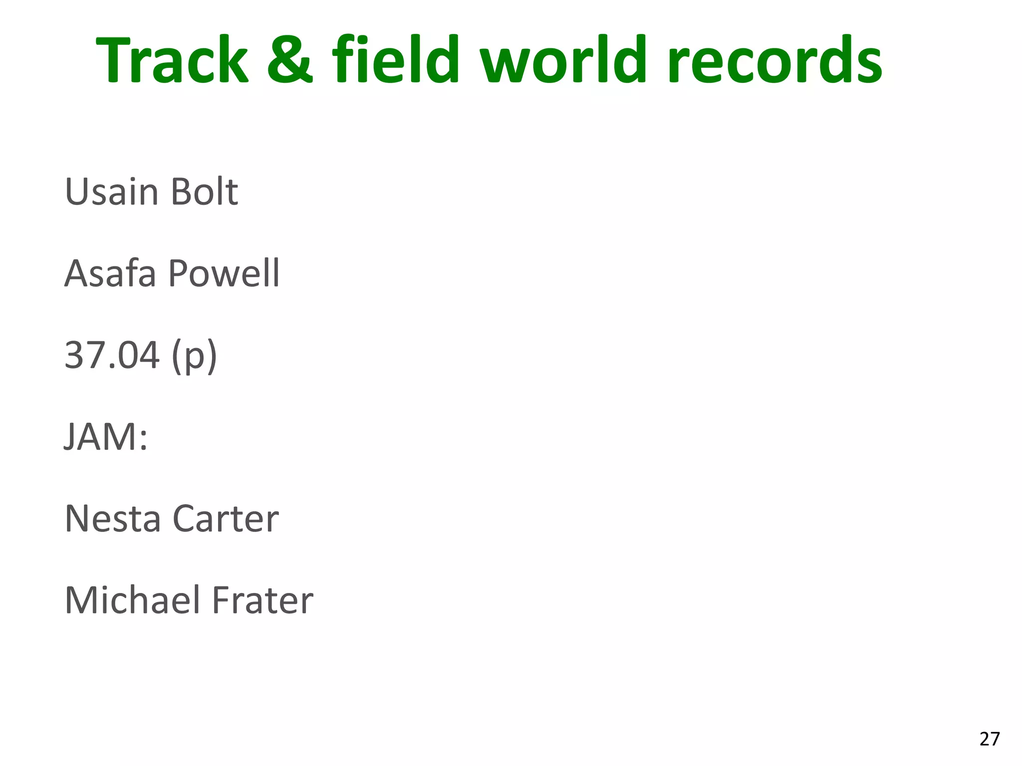 27
Track & field world records
Usain Bolt
Asafa Powell
37.04 (p)
JAM:
Nesta Carter
Michael Frater
 