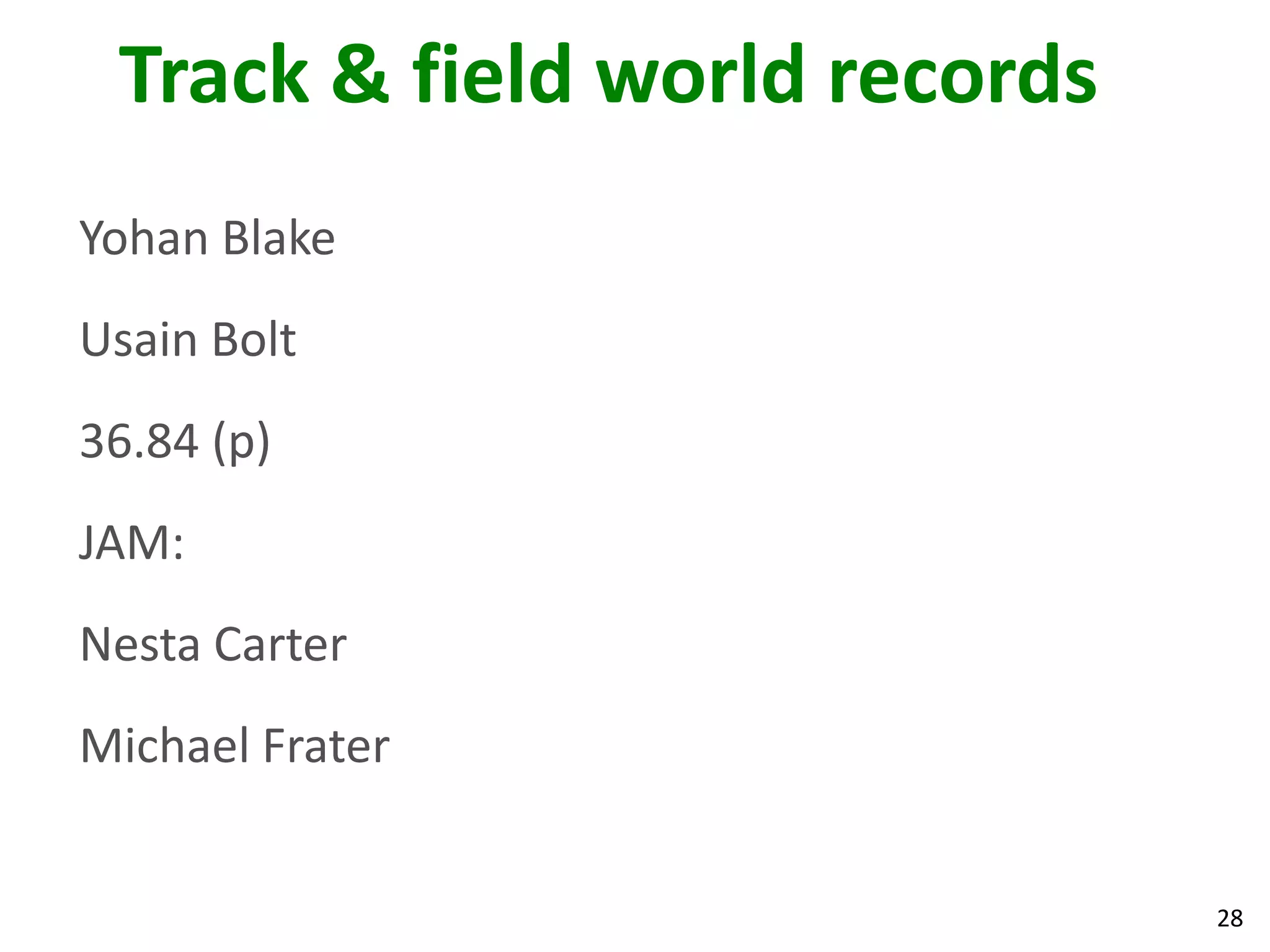28
Track & field world records
Yohan Blake
Usain Bolt
36.84 (p)
JAM:
Nesta Carter
Michael Frater
 