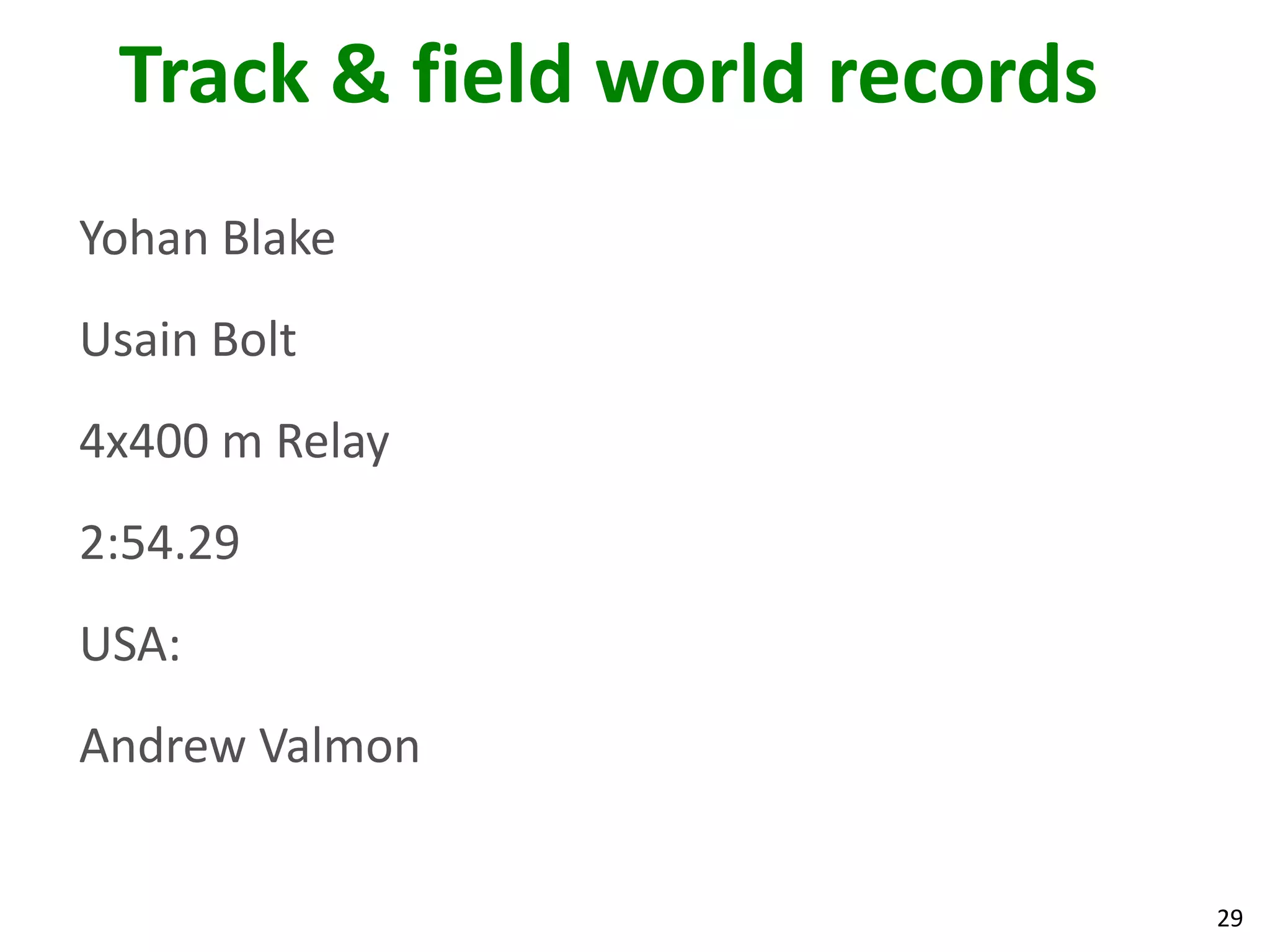 29
Track & field world records
Yohan Blake
Usain Bolt
4x400 m Relay
2:54.29
USA:
Andrew Valmon
 