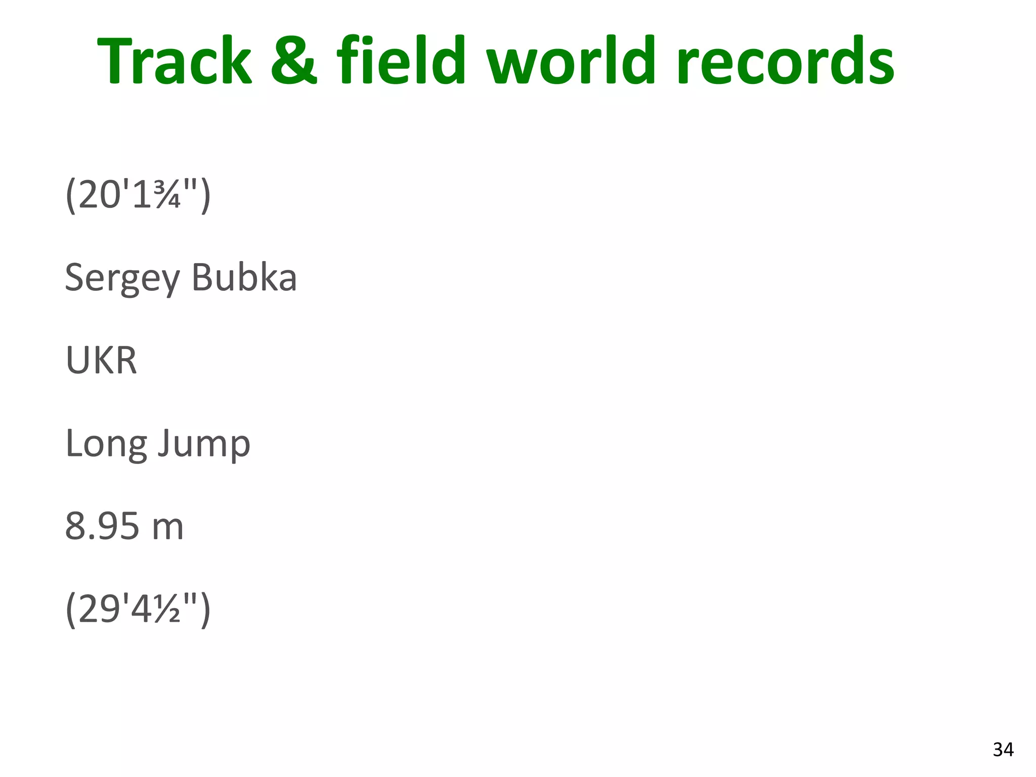 34
Track & field world records
(20'1¾")
Sergey Bubka
UKR
Long Jump
8.95 m
(29'4½")
 