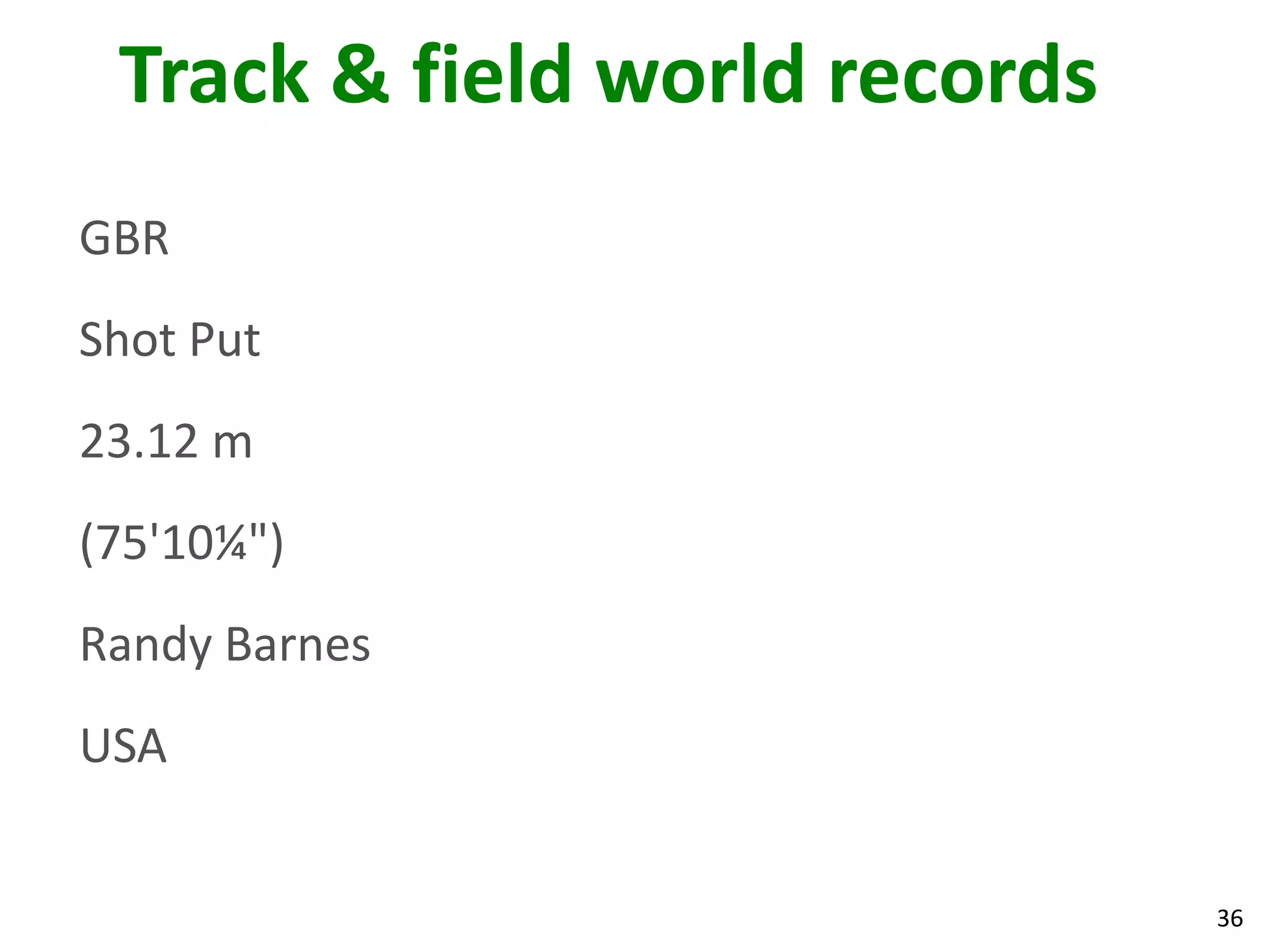 36
Track & field world records
GBR
Shot Put
23.12 m
(75'10¼")
Randy Barnes
USA
 