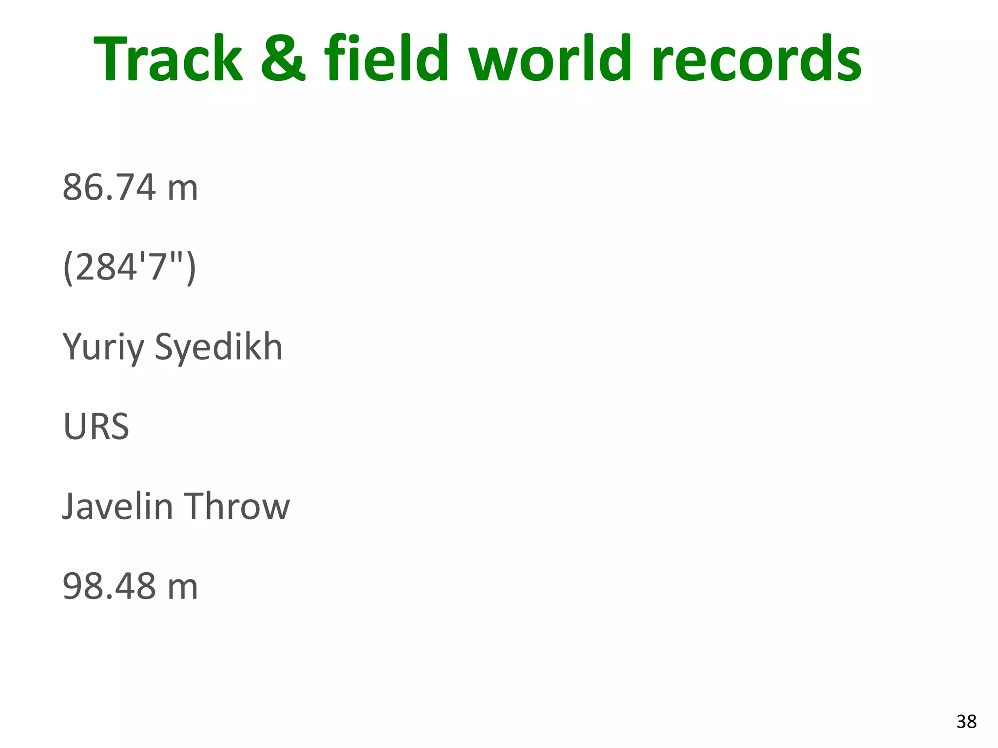 38
Track & field world records
86.74 m
(284'7")
Yuriy Syedikh
URS
Javelin Throw
98.48 m
 
