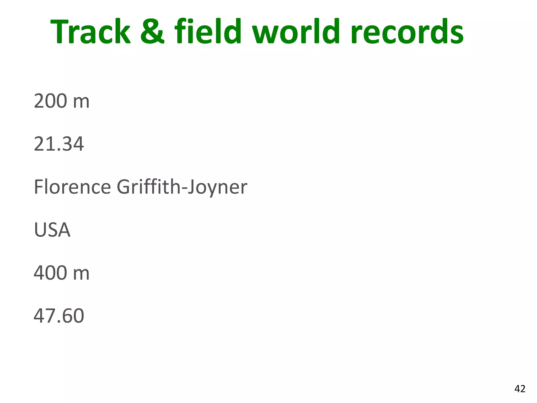 42
Track & field world records
200 m
21.34
Florence Griffith-Joyner
USA
400 m
47.60
 
