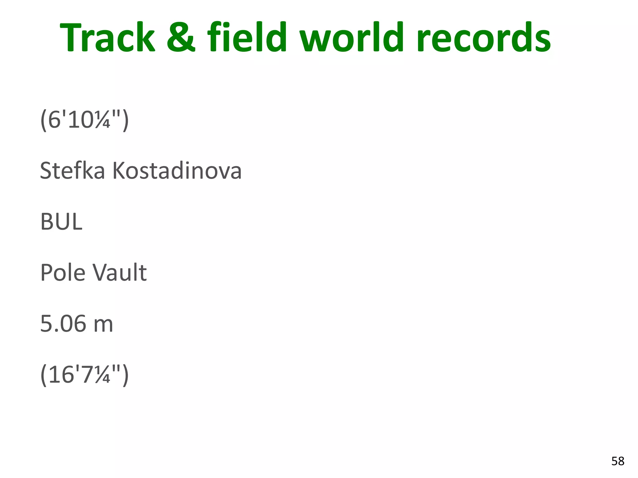 58
Track & field world records
(6'10¼")
Stefka Kostadinova
BUL
Pole Vault
5.06 m
(16'7¼")
 