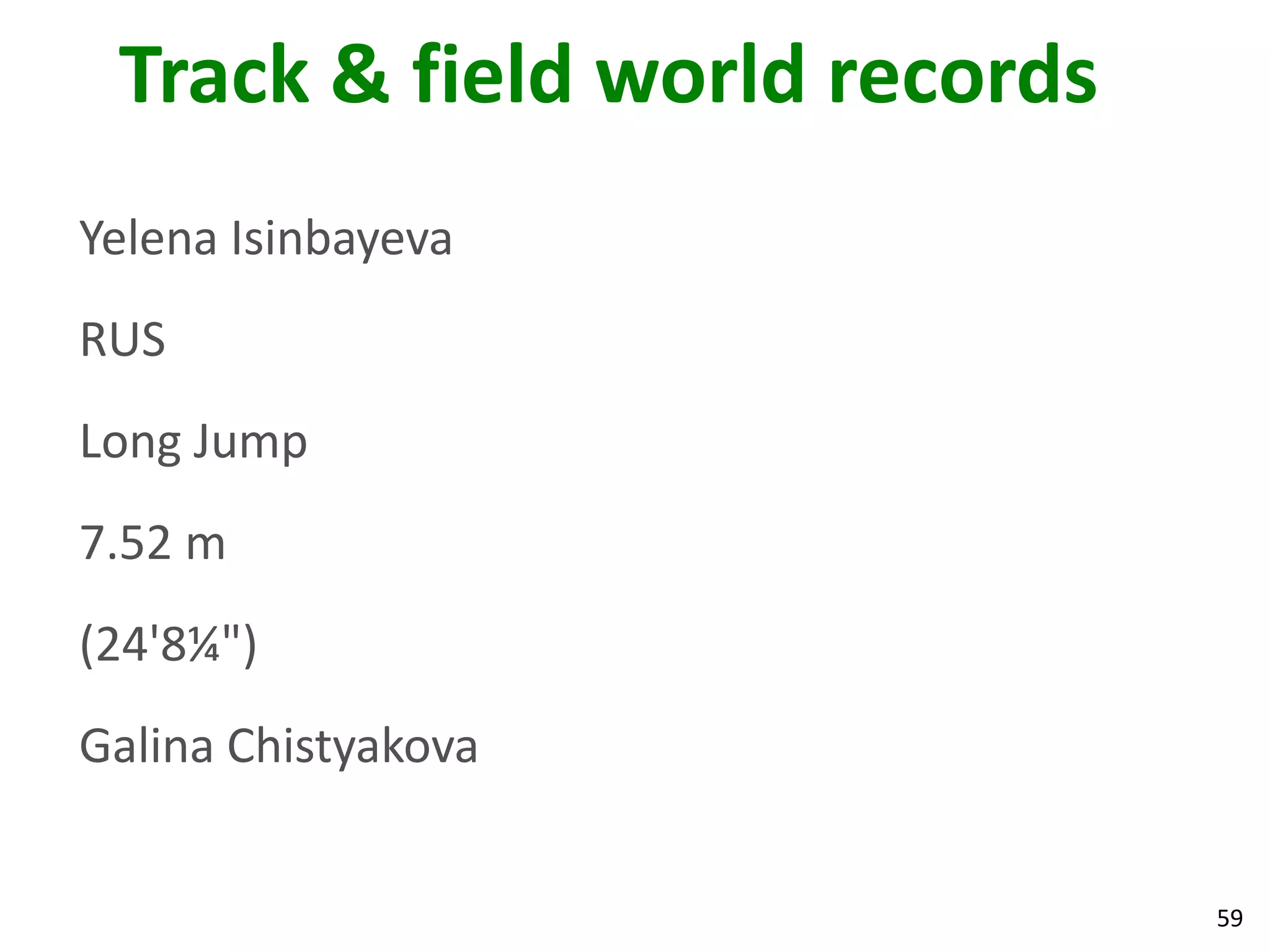 59
Track & field world records
Yelena Isinbayeva
RUS
Long Jump
7.52 m
(24'8¼")
Galina Chistyakova
 