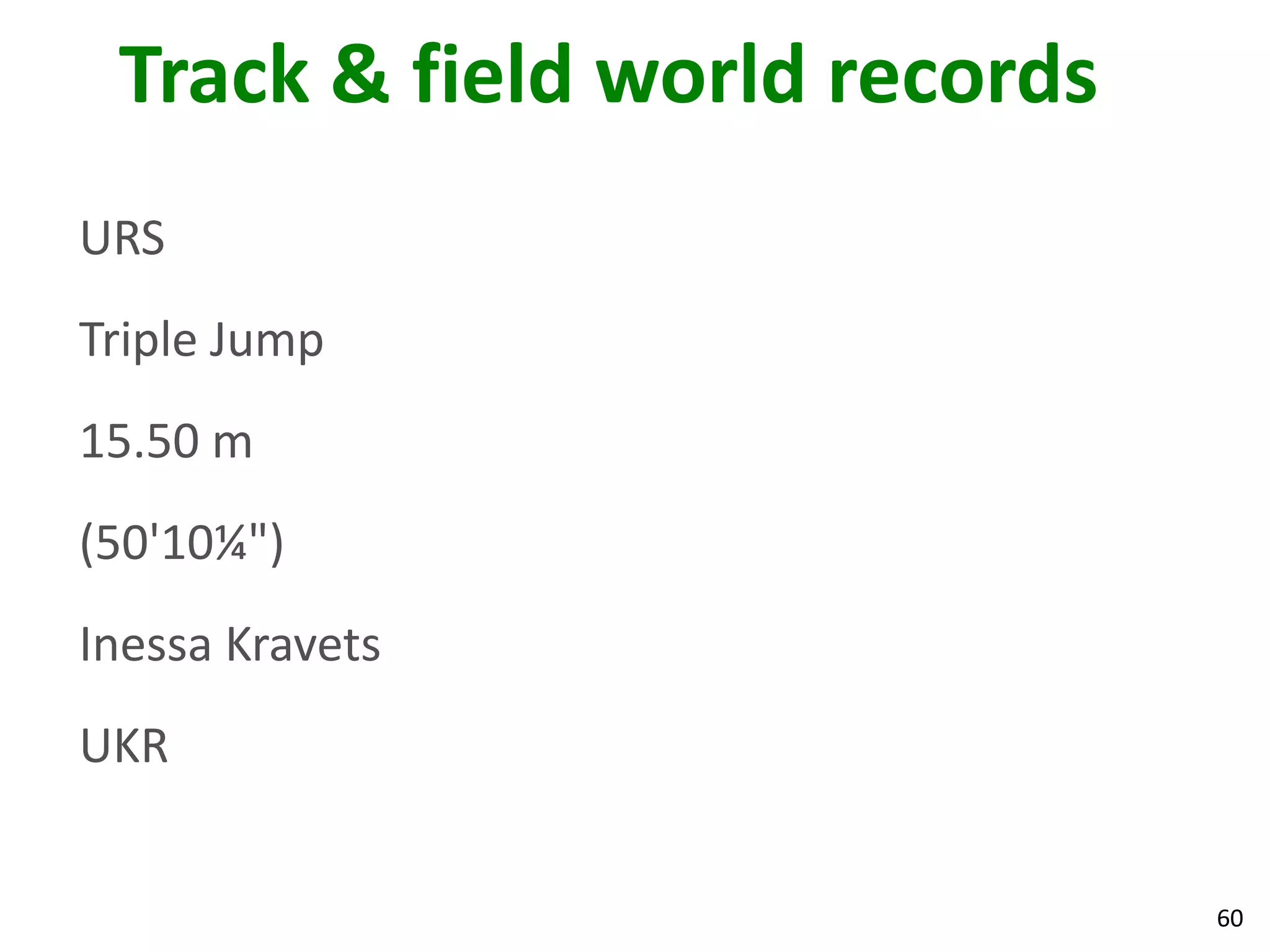 60
Track & field world records
URS
Triple Jump
15.50 m
(50'10¼")
Inessa Kravets
UKR
 