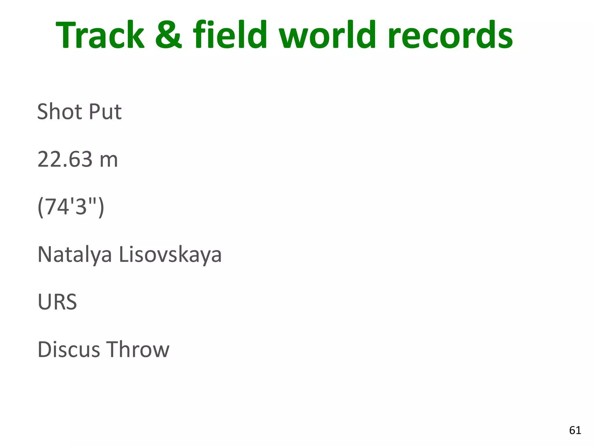 61
Track & field world records
Shot Put
22.63 m
(74'3")
Natalya Lisovskaya
URS
Discus Throw
 