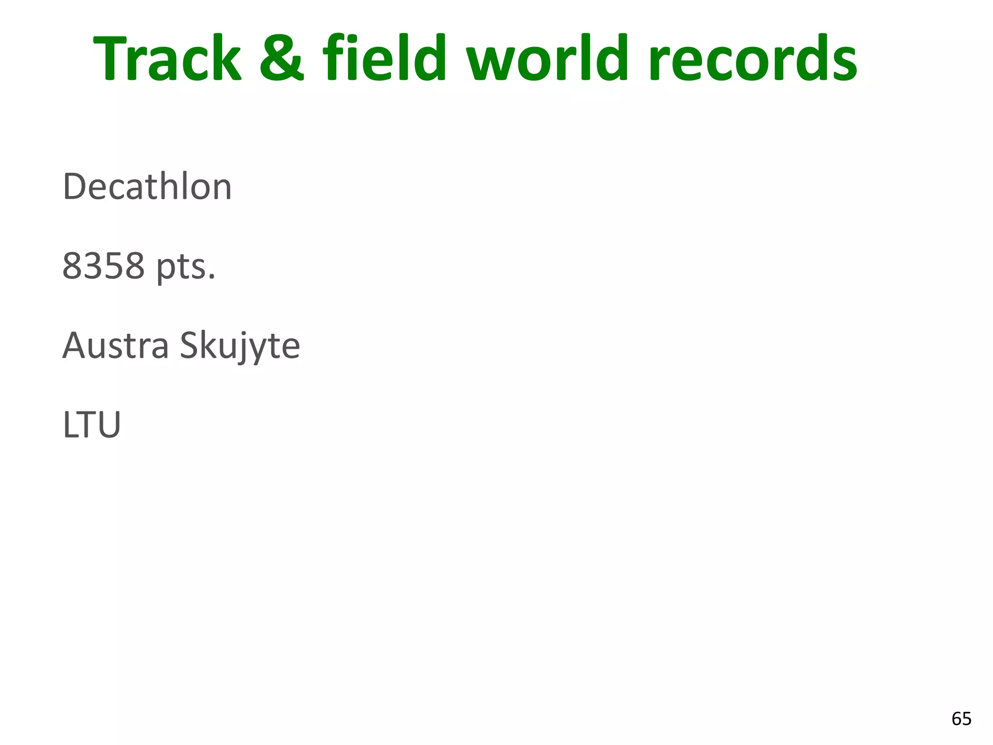 65
Track & field world records
Decathlon
8358 pts.
Austra Skujyte
LTU
 