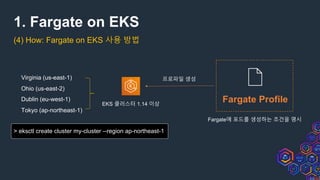 1. Fargate on EKS
(4) How: Fargate on EKS 사용 방법
Virginia (us-east-1)
Ohio (us-east-2)
Dublin (eu-west-1)
Tokyo (ap-northeast-1)
EKS 클러스터 1.14 이상
Fargate Profile
> eksctl create cluster my-cluster --region ap-northeast-1
프로파일 생성
Fargate에 포드를 생성하는 조건을 명시
 
