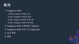 목차
1. Fargate on EKS
1) What: Fargate on EKS 소개
2) Why: Fargate on EKS의 장점
3) Not: Fargate on EKS의 제약사항
4) How: Fargate on EKS 사용 방법
2. Fargate on EKS 사용해보기 (Demo)
3. Fargate on EKS 내부 구조 Deep Dive
4. 요금 체계
5. 결론
 