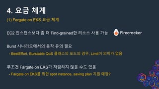4. 요금 체계
(1) Fargate on EKS 요금 체계
EC2 인스턴스보다 좀 더 Find-grained한 리소스 사용 가능
Burst 시나리오에서의 동작 유의 필요
- BestEffort, Burstable QoS 클래스의 포드의 경우, Limit이 의미가 없음
무조건 Fargate on EKS가 저렴하지 않을 수도 있음
- Fargate on EKS를 위한 spot instance, saving plan 지원 예정?
 