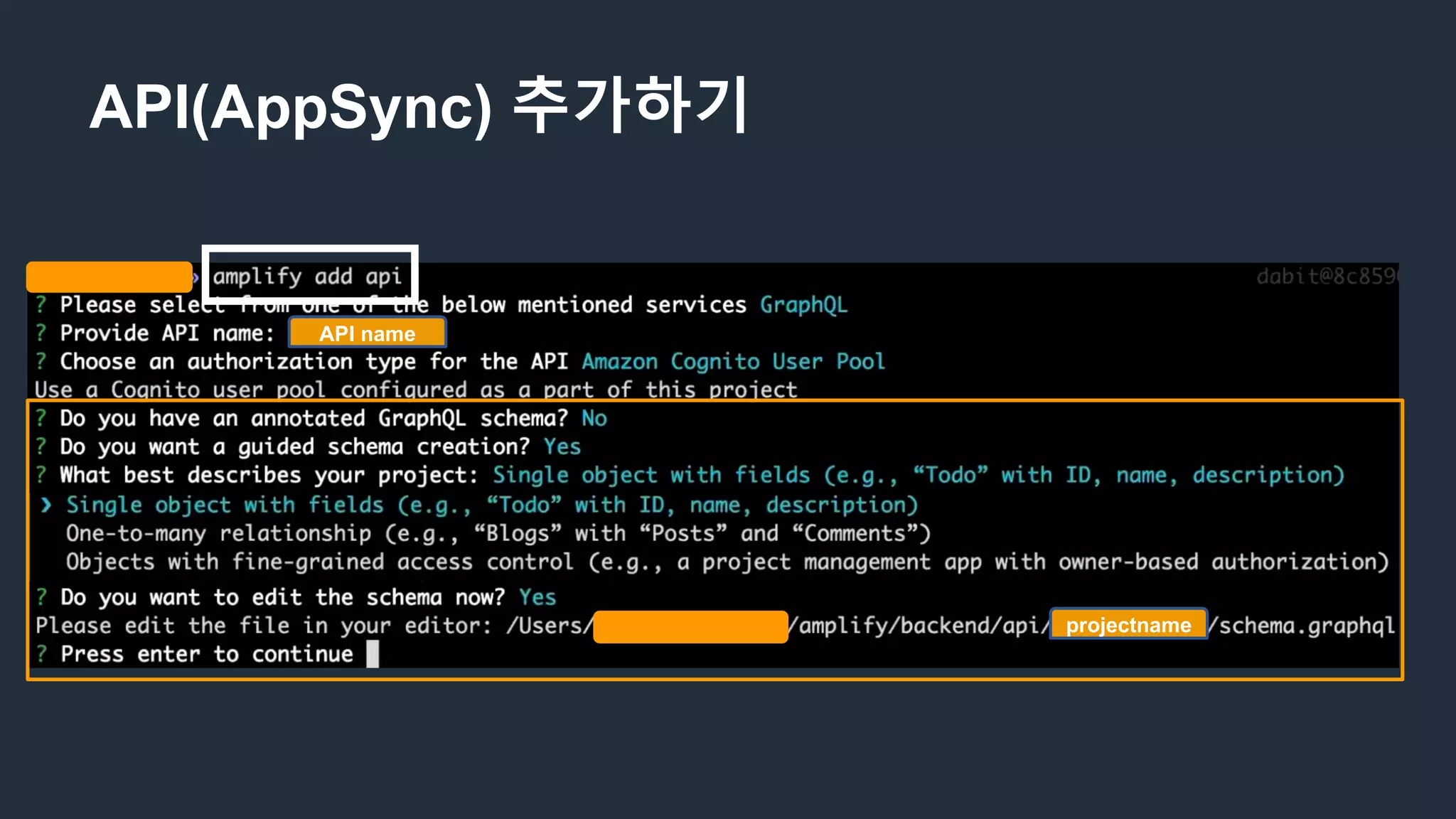 API(AppSync) 추가하기
projectname
API name
 