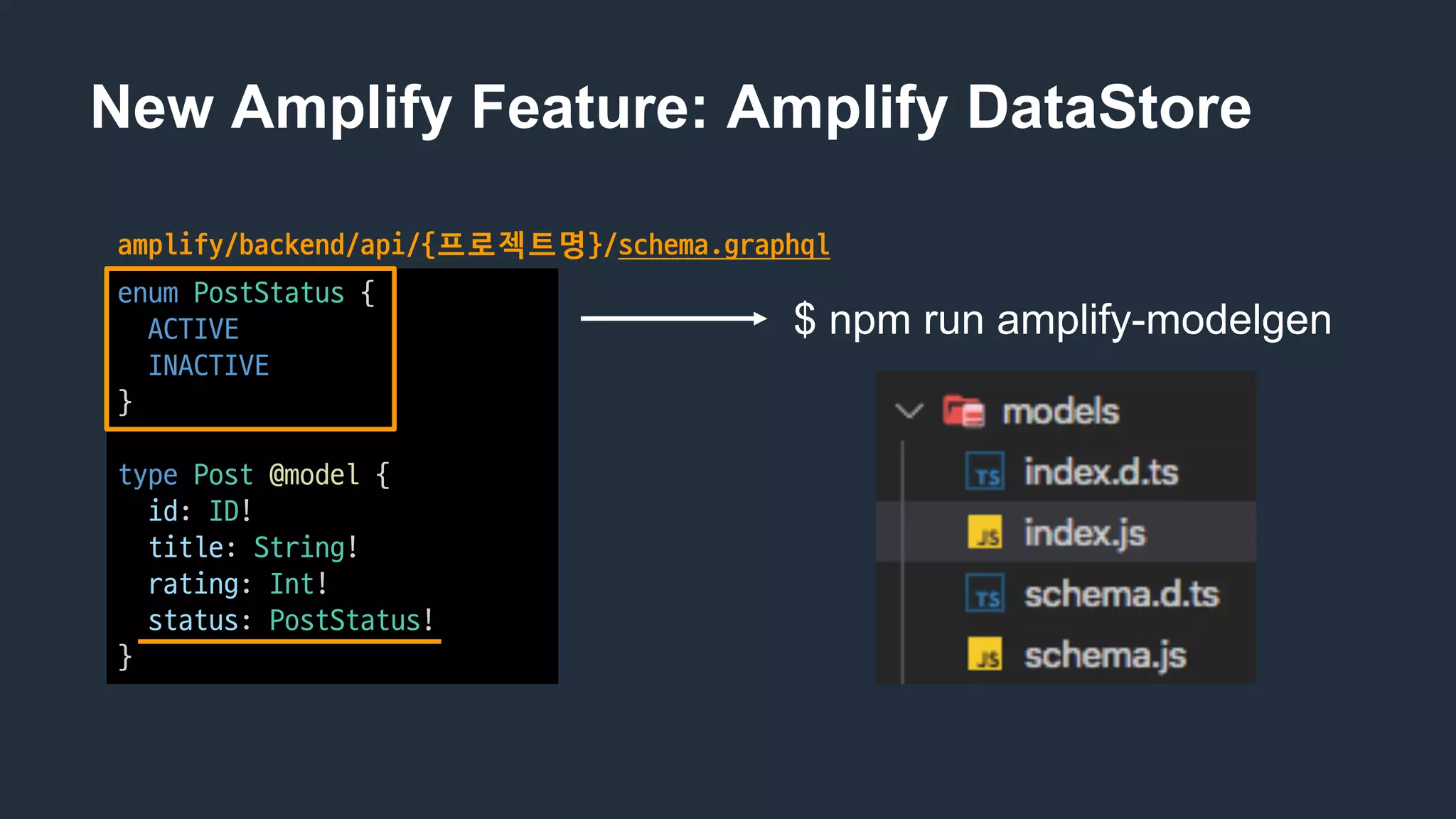 New Amplify Feature: Amplify DataStore
amplify/backend/api/{프로젝트명}/schema.graphql
enum PostStatus {
ACTIVE
INACTIVE
}
type Post @model {
id:	ID!
title:	String!
rating:	Int!
status:	PostStatus!
}
$ npm run amplify-modelgen
 