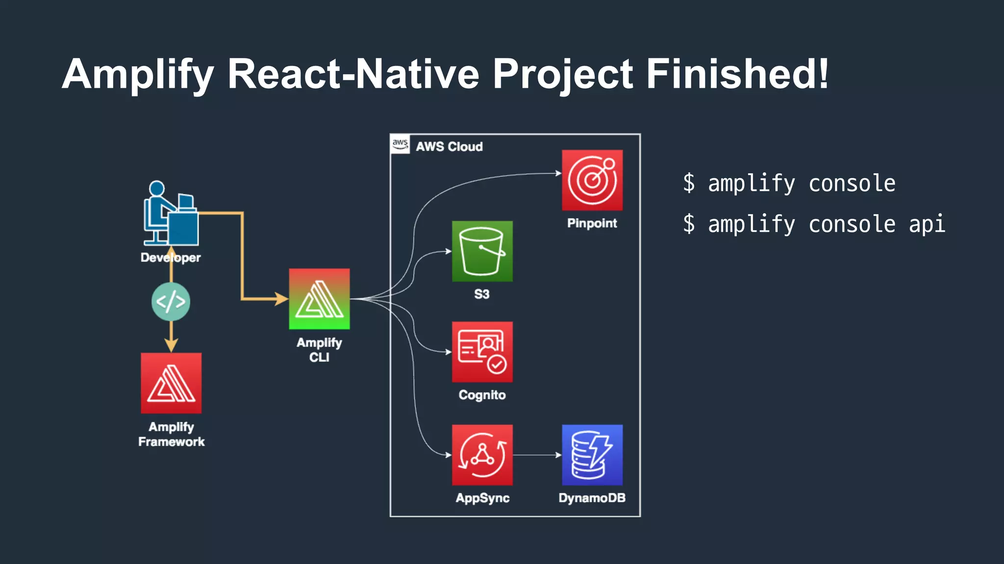 Amplify React-Native Project Finished!
$	amplify	console
$	amplify	console api
 