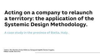 Acting on a company to relaunch
a territory: the application of the
Systemic Design Methodology.
A case study in the province of Biella, Italy.
Authors: Alice Marchesi, Denisa Moldovan, Mariapaola Puglielli, Martina Troppino,
William Tonelli, Xinwei Wu
 