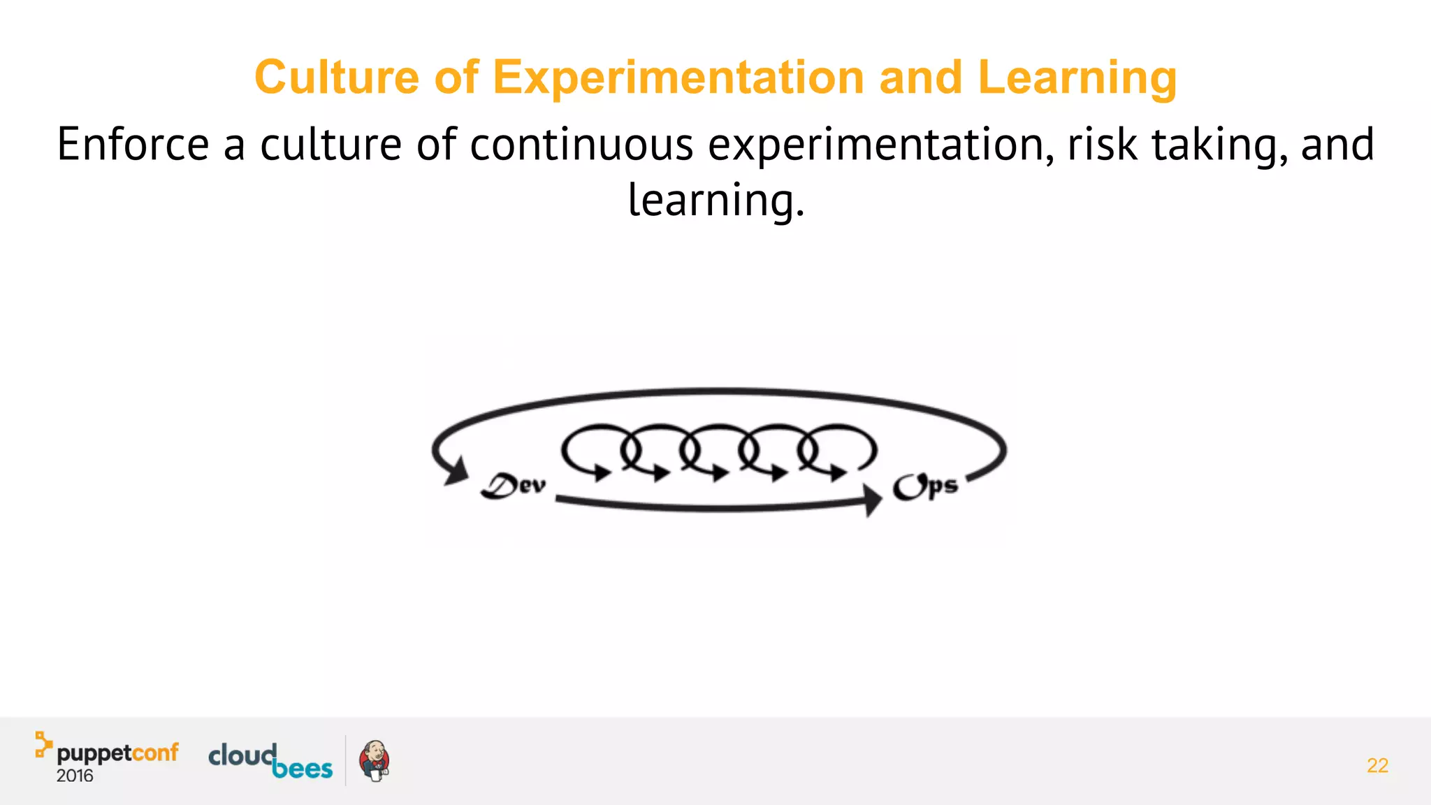 Culture of Experimentation and Learning
Enforce a culture of continuous experimentation, risk taking, and
learning.
22
 