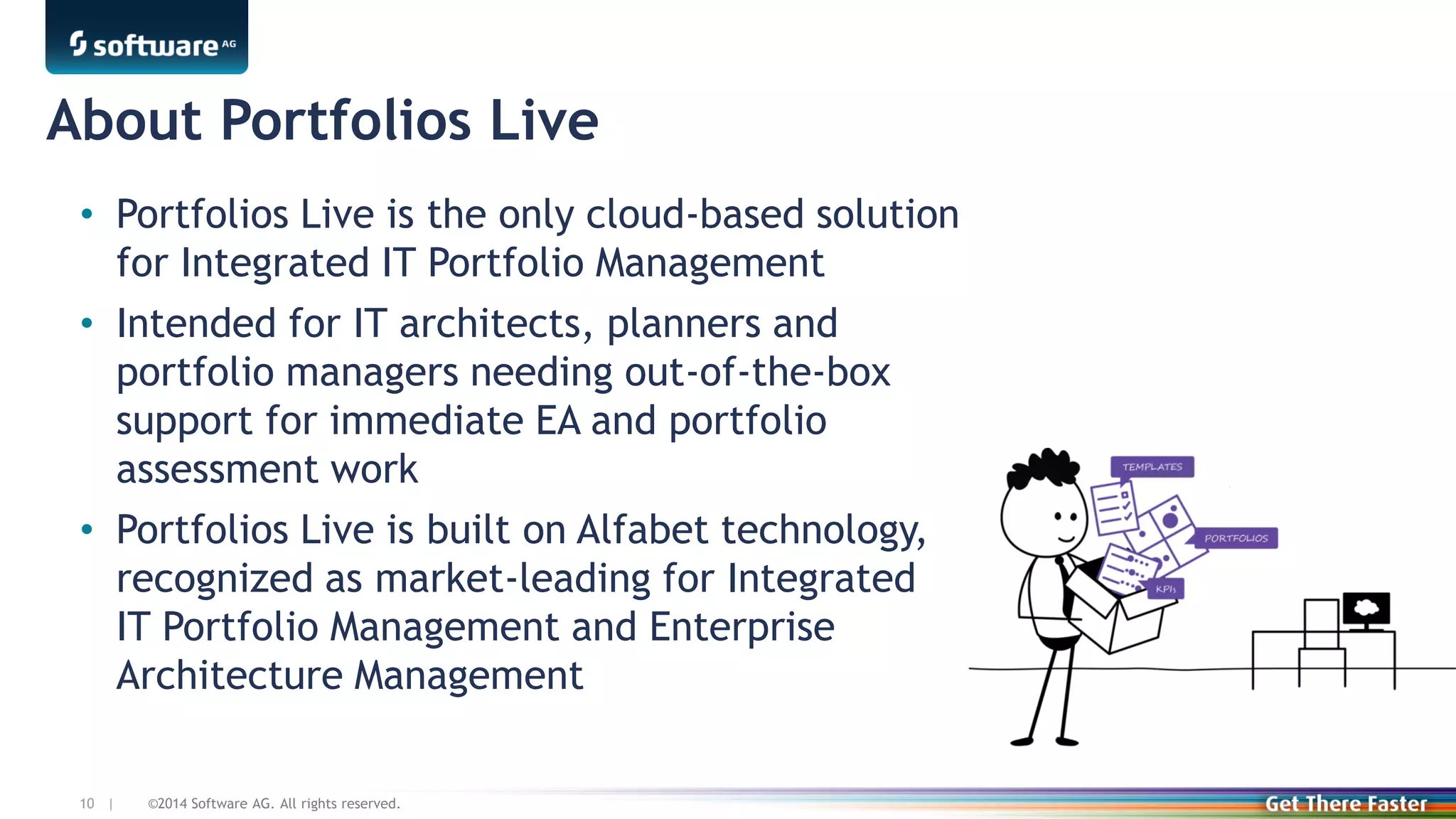 ©2014 Software AG. All rights reserved.10 |
About Portfolios Live
• Portfolios Live is the only cloud-based solution
for Integrated IT Portfolio Management
• Intended for IT architects, planners and
portfolio managers needing out-of-the-box
support for immediate EA and portfolio
assessment work
• Portfolios Live is built on Alfabet technology,
recognized as market-leading for Integrated
IT Portfolio Management and Enterprise
Architecture Management
 