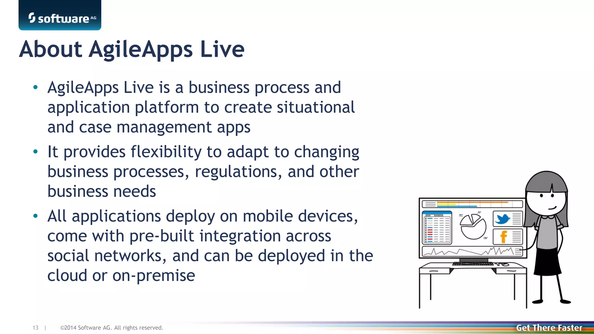 ©2014 Software AG. All rights reserved.13 |
About AgileApps Live
• AgileApps Live is a business process and
application platform to create situational
and case management apps
• It provides flexibility to adapt to changing
business processes, regulations, and other
business needs
• All applications deploy on mobile devices,
come with pre-built integration across
social networks, and can be deployed in the
cloud or on-premise
 