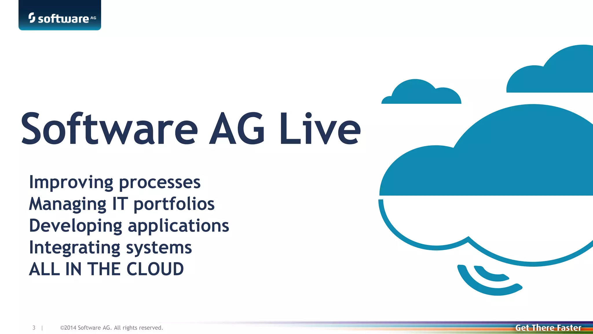 ©2014 Software AG. All rights reserved.3 |
Software AG Live
Improving processes
Managing IT portfolios
Developing applications
Integrating systems
ALL IN THE CLOUD
 