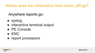 @petersouter
Anywhere reports go:
● syslog
● interactive terminal output
● PE Console
● ENC
● report processors
19
Where does the information from show_diff go?
 