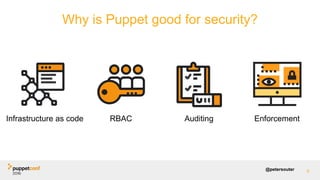 @petersouter
Why is Puppet good for security?
Infrastructure as code RBAC Auditing Enforcement
8
 
