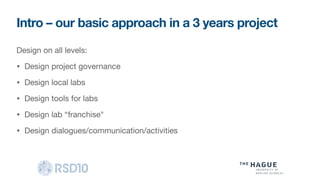Intro – our basic approach in a 3 years project
Design on all levels:

• Design project governance

• Design local labs

• Design tools for labs

• Design lab “franchise"

• Design dialogues/communication/activities
 