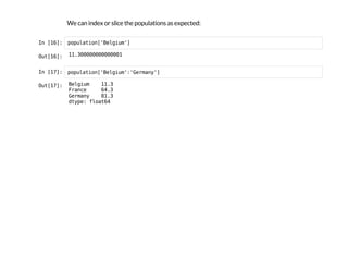 We can index or slice the populations as expected:
I
n
 
[
1
6
]
: p
o
p
u
l
a
t
i
o
n
[
'
B
e
l
g
i
u
m
'
]
O
u
t
[
1
6
]
: 1
1
.
3
0
0
0
0
0
0
0
0
0
0
0
0
0
1
I
n
 
[
1
7
]
: p
o
p
u
l
a
t
i
o
n
[
'
B
e
l
g
i
u
m
'
:
'
G
e
r
m
a
n
y
'
]
O
u
t
[
1
7
]
: B
e
l
g
i
u
m 1
1
.
3
F
r
a
n
c
e 6
4
.
3
G
e
r
m
a
n
y 8
1
.
3
d
t
y
p
e
: f
l
o
a
t
6
4
 