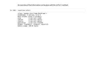 An overview of that information can be given with the i
n
f
o
(
)
method:
I
n
 
[
3
0
]
: c
o
u
n
t
r
i
e
s
.
i
n
f
o
(
)
<
c
l
a
s
s '
p
a
n
d
a
s
.
c
o
r
e
.
f
r
a
m
e
.
D
a
t
a
F
r
a
m
e
'
>
I
n
t
6
4
I
n
d
e
x
: 5 e
n
t
r
i
e
s
, 0 t
o 4
D
a
t
a c
o
l
u
m
n
s (
t
o
t
a
l 4 c
o
l
u
m
n
s
)
:
a
r
e
a 5 n
o
n
-
n
u
l
l i
n
t
6
4
c
a
p
i
t
a
l 5 n
o
n
-
n
u
l
l o
b
j
e
c
t
c
o
u
n
t
r
y 5 n
o
n
-
n
u
l
l o
b
j
e
c
t
p
o
p
u
l
a
t
i
o
n 5 n
o
n
-
n
u
l
l f
l
o
a
t
6
4
d
t
y
p
e
s
: f
l
o
a
t
6
4
(
1
)
, i
n
t
6
4
(
1
)
, o
b
j
e
c
t
(
2
)
m
e
m
o
r
y u
s
a
g
e
: 1
6
0
.
0
+ b
y
t
e
s
 