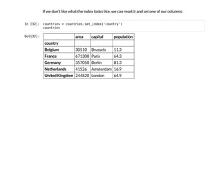 If we don't like what the index looks like, we can reset it and set one of our columns:
I
n
 
[
3
2
]
: c
o
u
n
t
r
i
e
s = c
o
u
n
t
r
i
e
s
.
s
e
t
_
i
n
d
e
x
(
'
c
o
u
n
t
r
y
'
)
c
o
u
n
t
r
i
e
s
O
u
t
[
3
2
]
: area capital population
country
Belgium 30510 Brussels 11.3
France 671308 Paris 64.3
Germany 357050 Berlin 81.3
Netherlands 41526 Amsterdam 16.9
United Kingdom 244820 London 64.9
 